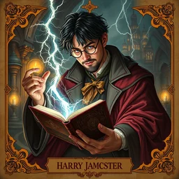 magician tarot cards, harry james potter and the lightning spellbook, complex, concept art, scene art, rich colors, detailed realistic rendering, by stephan pui - mun law, station, star harry james potter, by rebecca yanovskaya. - w 7 6 8