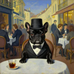 distant scene view portrait picture of a black french bulldog wearing a dinner jacket wearing a hat!!!!! sitting at a table at a crowded!! french cafe classic oil painting by salvador dali surrealism zoomed out