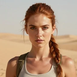 fantasy concept art, frontal portrait of a healthy young woman, auburn hair in a ponytail, attractive, sun - kissed face, natural makeup, athletic, slavic features, serious demeanor, ( tomb raider ), desert background, in the style of ruan jia, high detail, uplit, 8 k