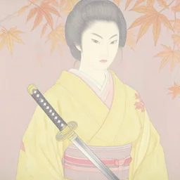 breathtaking detailed pattern pastel colors of uma thurman ( kill bill ) in yellow kimono, with katana sword and autumn leaves, by hsiao - ron cheng, bizarre compositions, exquisite detail, enhanced eye detail