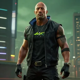 dwayne the rock johnson as cyberpunk 2 0 7 7 screenshot from cyberpunk 2 0 7 7