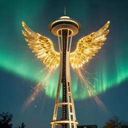 gigantic radiant shining golden angels radiating essence intense vivid aurora above space needle centered big sky film long exposure fuji wide angle national geographic