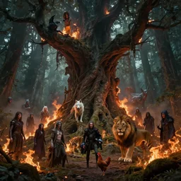 high intricate full shot of evil forest spirits burning the ancient forest, massive ancient tree, hellhound, white wolf, lion, tiger, chicken, spirits, maria panfilova, andrea savchenko, mike kime, ludovic plouffe, qi sheng luo, oliver cook, david noren, trending on artstation