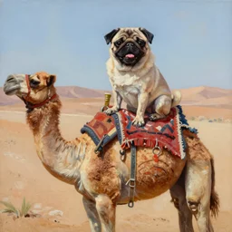 happy pug on the back of a camel, detailed oil painting by basquiat