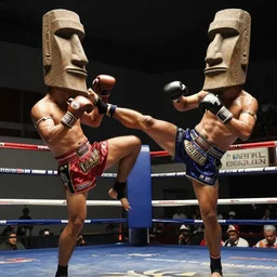 muay thai fighters with moai statue heads, the fighters have moai heads, the statues are kicking each other