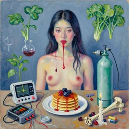 fresh asian vegetables, sensual, self - portrait of a female art student, surgical equipment, berry juice drips, pancakes, berries, bones, defibrillator, electrical wires, battery, oxygen tank, scientific glassware, seedlings, bones, art supplies, candles dripping wax, neo - impressionist, surrealism, acrylic and spray paint and oilstick on canvas