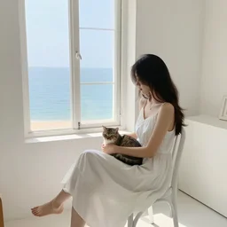 a woman in a white dress sitting on chair with a cat on her lap in a white room in vanice, there is a window to the sea