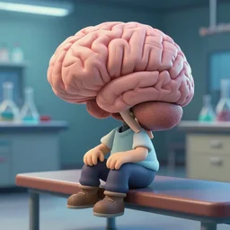 A highly detailed 3D render of the human brain, Studio Ghibli style, Sitting on the bench in a lab, digital art