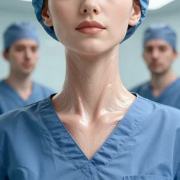 full close up neck shot of a beautiful skinny surgeon woman in work dress, by saruei and guweiz and ilya kuvshinov, digital art, highly detailed, intricate, sharp focus, trending on artstation hq, deviantart, pinterest, unreal engine 5, 4 k uhd image