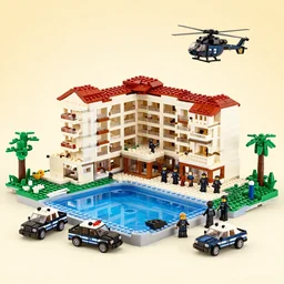 mar - a - lago resort made completely of legos during an fbi raid with black undercover cop cars a full swat team and a swat helicopter, as a lego set