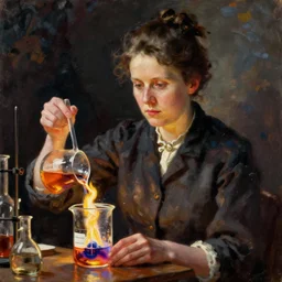 beaker boiling over a flame, marie curie chemistry experiment, painting by john singer sargent, oil on canvas