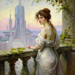 a renaissance oil painting by alma tadema of a woman turned back on a stone balcony covered in moss with over shoulder view on a sci - fi skyscraper city, colourful pastel artstation greg rutkowski, detailed academic bouguereau, sharp focus