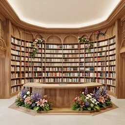a 3 d octane render of an art - deco library interior decorated with flowers. by peter mohrbach and mark keathley, cinematic lighting, cgsociety, artdeco, utopia art, bold colors, sci - fi, octane render, artstation hq