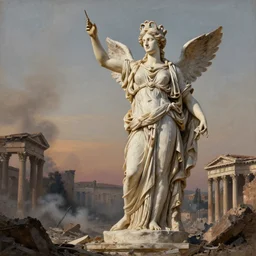 a detailed painting of a statue of the goddess Athena towers above a ruined roman city, smoking rubble, at dusk