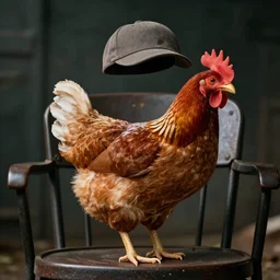 photo realistic chicken in a chair with a hat, realistic, award winning, cinematic
