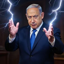 benjamin netanyahu shooting lightning bolts with his hands like zeus, highly detailed, by artgerm and greg rutkowski