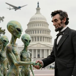 aliens landing in Washington D.C, aliens shaking hands with Abraham Lincoln, 19th picture, historical picture, realistic