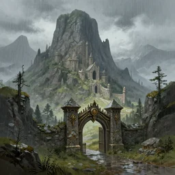 gate to a dwarven city on the side of a mountain, fantasy, digital painting, rainy