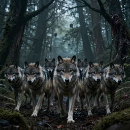 an epic action photorealistic masterpiece of a pack of werewolves, in a forest made of nightmares, horrific digital art, extremely moody lighting, style of chippy