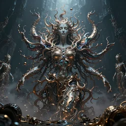 symbolism, chaos, consciousness, illusion, beautiful, random metallic colors, organism, divine, static, fluid, breathe, mythological, legends, dreams, nightmare, pantheon, void, abyss, cinematic lighting, 8 k, photorealism, wide angle, cinematic atmosphere, elaborate, highly detailed, dramatic lighting, octane render, - h 1 0 2 4