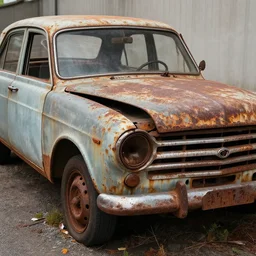 A photograph of a heavily rusty, heavily worn out, heavily broken down, beater 1976 Powder Blue Dodge Aspen in a farm field, photo taken in 1989