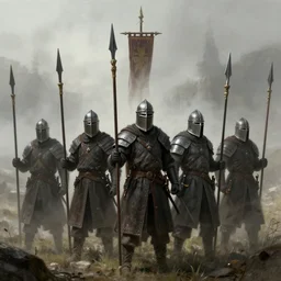 realistic, 5 medieval soldiers, in line, ready fo battle, pikes, banner, flag, mist, up facing, epic, digital art, illustration, fantasy, realistic sketch, dark