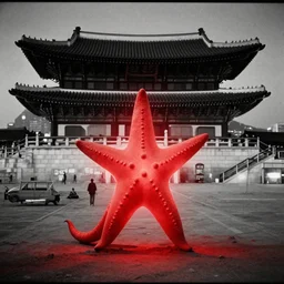 light coming out of one bull - like kaiju starfish monster, korean film noir, korean traditional palace, pyongyang city, 1 9 6 0 s, red color bleed, 4 k, video compression, video glitch, monochrome, akira kurosawa