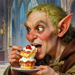 closeup profile face portrait of medieval goblin eating cakes in the cathedral, hyung tae and frank frazetta, hyper realistic, artstation, illustration, digital paint, matte paint, vivid colors, bright, cheerful, detailed and intricate environment
