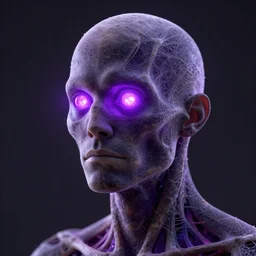man covered with a fractal structure from whose eyes comes a purple glow, realistic 3 d render, octane render 4 k
