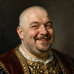high quality character portrait oil painting of fat bald happy mid-aged king by Rembrandt, middle close up shot