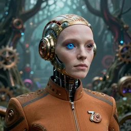 35mm portrait of a 7 of 9 borg with eye implant, on the background of a weird magical mechanical forest. Round gears visible inside her hear. Very detailed 8k. Fantasy cyberpunk horror. Sharp. Cinematic post-processing