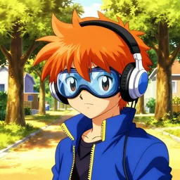 anime boy with massive headphones, spiky orange hair, goggles, blue jacket, cel - shading, 2 0 0 1 anime, flcl, jet set radio future, golden hour, neighborhood, trees, oak trees, suburban neighborhood, cel - shaded, strong shadows, vivid hues, y 2 k aesthetic