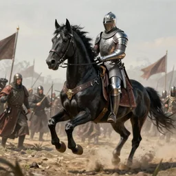 black percheron, medieval knight on battlefield, highly detailed, digital painting, artstation, concept art, sharp focus, illustration, aleksi briclo, rutkowski, frazetta