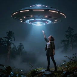 a girl beamed up by a tractor beam from an alien space ship ufo hovering above trees, foggy night, very intricate, very detailed, annie leibovitz