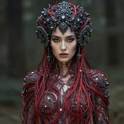 cinestill 5 0 d photo portrait of a beautiful hybrid woman in style of paolo roversi by roberto ferri, matt basalt body intricate detailed dressed in long cloth with red vines and wires, intricate sparkling basalt ornamental hair, 1 5 0 mm lens, f 1. 4, sharp focus, ethereal, emotionally evoking, head in focus, radiant volumetric lighting, matt colors outdoor