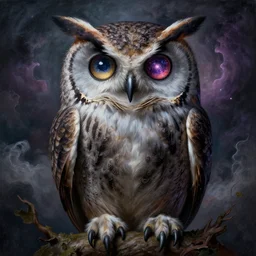 A beautiful detailed horror painting 'Owl with galaxy eyes' by Giuseppe Arcimboldo and Takato Yamamoto, Trending on cgsociety artstation, very detailed tumultuous sky in the background by Esao Andrews, 8k, masterpiece, highly detailed.