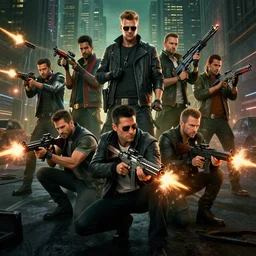 ten members of mafia and their leader, guns blazing, machine guns, pistols, in new york city, cyberpunk, highly detailed