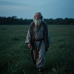 old prophet wandering about a meadow. cool twilight lighting. iso 1 2 0 0