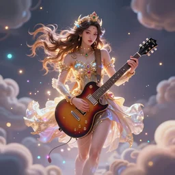 a beautiful female human god of guitars character, character is in all its glory, character is centered on the image, character is flying, rim lights, magic in the air, fancy clouds, highly detailed professional photo, dynamic lights, particles are flying, depth of field, trending on artstation, illustration, hyper realistic, vray caustics, super detailed, colorful accents, cinematic shot