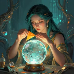 fortune teller from a magical realm looks into a magical crystal ball, highly detailed digital painting, artstation, smooth, 8 k, 4 k, teal and orange cyberpunk colors, magical, art therapy