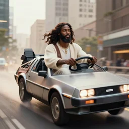 african jesus jesus driving a flying delorean over the city,