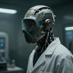 a rugged half - masked laboratory technician man with cybernetic enhancements as seen from a distance, scifi character portrait by greg rutkowski, esuthio, craig mullins, 1 / 4 headshot, cinematic lighting, dystopian scifi gear, gloomy, profile picture, mechanical, cyborg, half robot, implants, dieselpunk