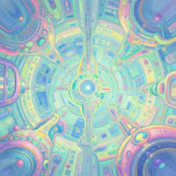 fluorescent pleasing - palette intricate dense spaceship interior density. flowing contours with appeal, matte painting pastel from fantasia ( 1 9 4 1 )