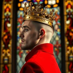 side - view portrait of a man wearing a golden crown, crowned, buzzcut, stubble, he wears a red coat, gothic stained glass window, masterful, royal, backlit
