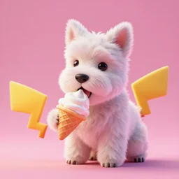high quality 3 d render hyperrealist very cute pastel fluffy! anthropomorphic westie eating giant ice cream full body, vray smooth, in the style of detective pikachu, hannah yata charlie immer, very dramatic pink light, low angle, uhd 8 k, shallow depth or field