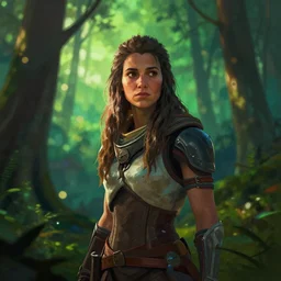 distant portrait of marisha ray as aloy from horizon zero dawn, long loose hair, green forest, tall trees, digital art, intense colors, chiarioscuro, dappled light, visible paint, bokeh by loish, by wlop