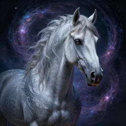 a wlop 3 d render of very very very very highly detailed beautiful mystic portrait of a phantom undead horse with whirling galaxy around, tattoos by anton pieck, intricate, extremely detailed, digital painting, artstation, concept art, smooth, sharp focus, illustration, intimidating lighting, incredible art,