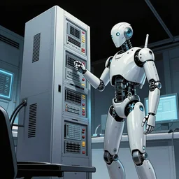 a comic book illustration of an android interfacing with a computer console, the console is tall and imposing, there are many cables on the floor, bright screens, ghost in the shell, cyberpunk, neon colors, art by Moebius