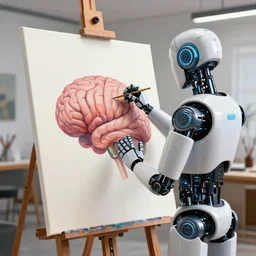 photorealistic illustration of a robot making a beautiful painting of a human brain on a canvas in a modern artist studio, artstation, deviantart, cgsociety