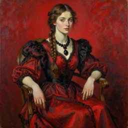 beautiful woman with braided brown hair, wearing an elegant dress, and sitting on a chair, highly detailed, painting, red and black color palette, intricate, in the style of ilya kuvshinov